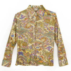 Vintage 70s Psychedelic Abstract Colourful Dot Pattern Dagger Collar Blouse Top